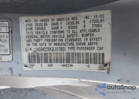 2003 Honda Civic Ex from USA, damaged, VIN 1HGEM229X3L017801